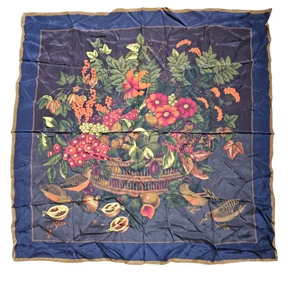Vintage Valentino Silk Floral Fruit Bird Square Scarf 33" x 33" Botanical Luxury - Picture 4 of 8